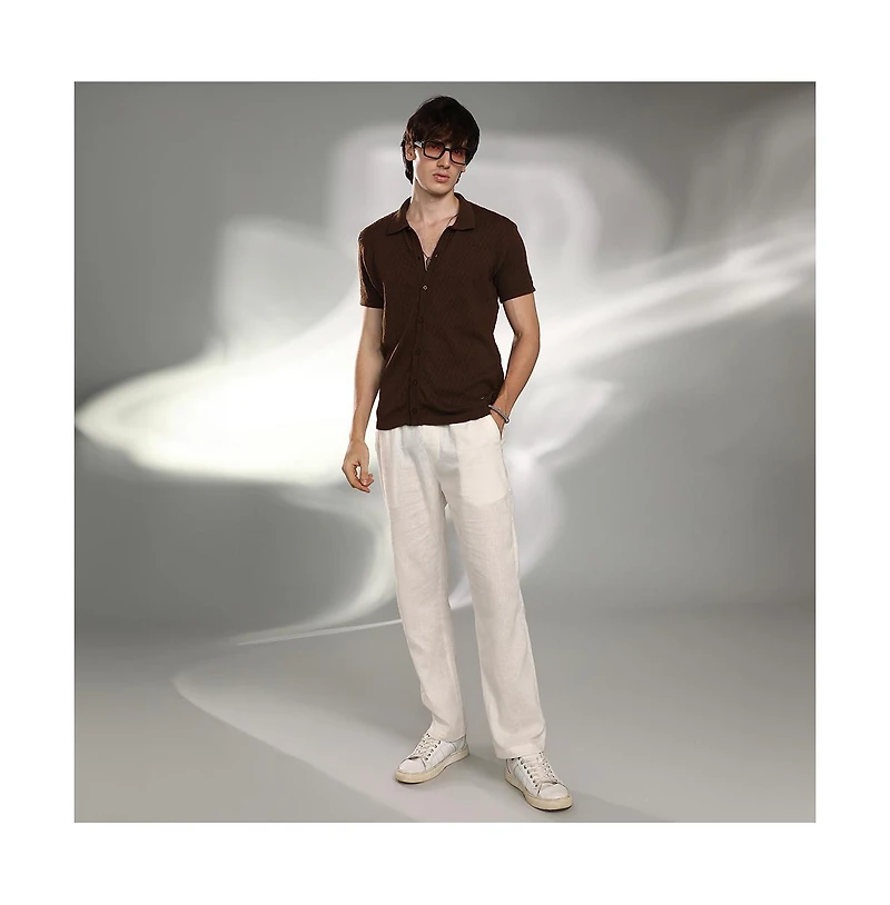 Campus Sutra Men's Taupe Brown Rhombus-Textured Knit Shirt