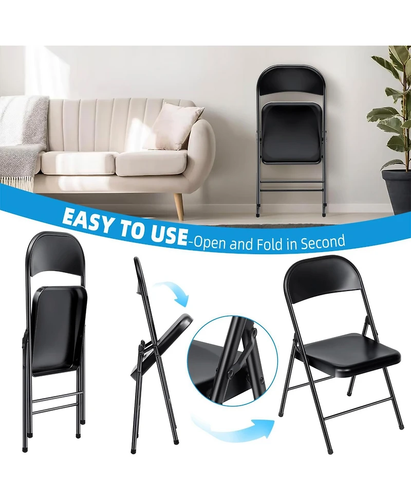 Sugift 4-Pack Heavy Duty Folding Chairs – 450lb Capacity Commercial-Grade Steel Frame Chairs for Events, Parties & Offices (Black)