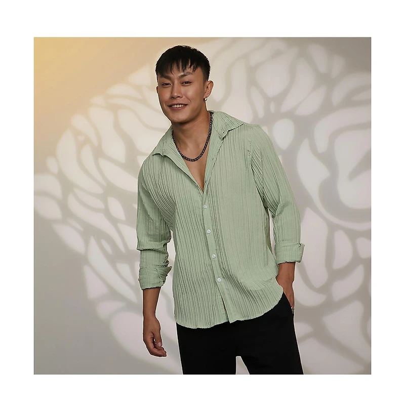 Campus Sutra Men's Sage Green Self-Design Striped Shirt