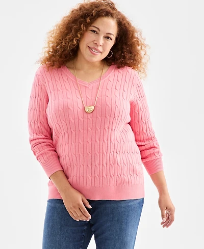 Style & Co Plus Cotton Cable-Knit V-Neck Sweater, Macy's Exclusive