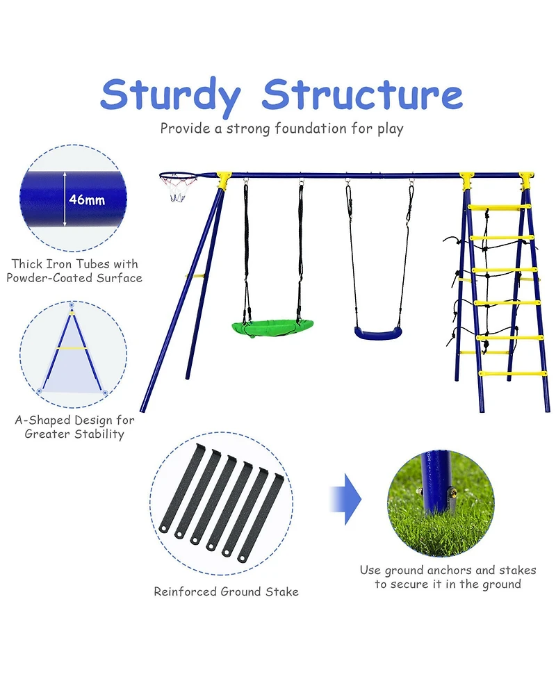 Gymax Boys 5-In-1 Swing Set for Outdoor W/ Heavy Duty Frame Basketball Hoop & Climbing Ladder