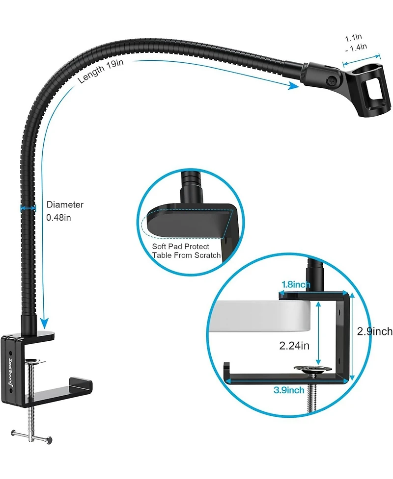 ZealSound 19-inch Microphone Arm Stand, Gooseneck Desk Mount with Adapter & Clip Holder, Heavy Duty Clamp for Blue Snowball, Ice, Spark Mics