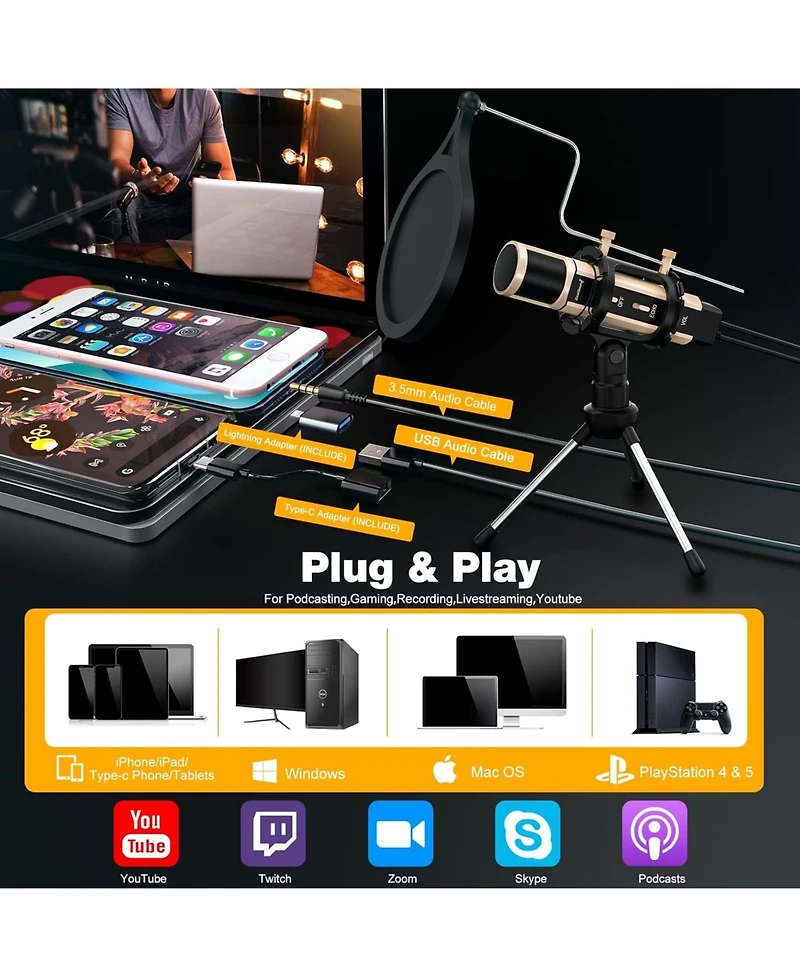 ZealSound k08g Usb Recording Microphone Gold and H1 Gooseneck Mic Arm Stand