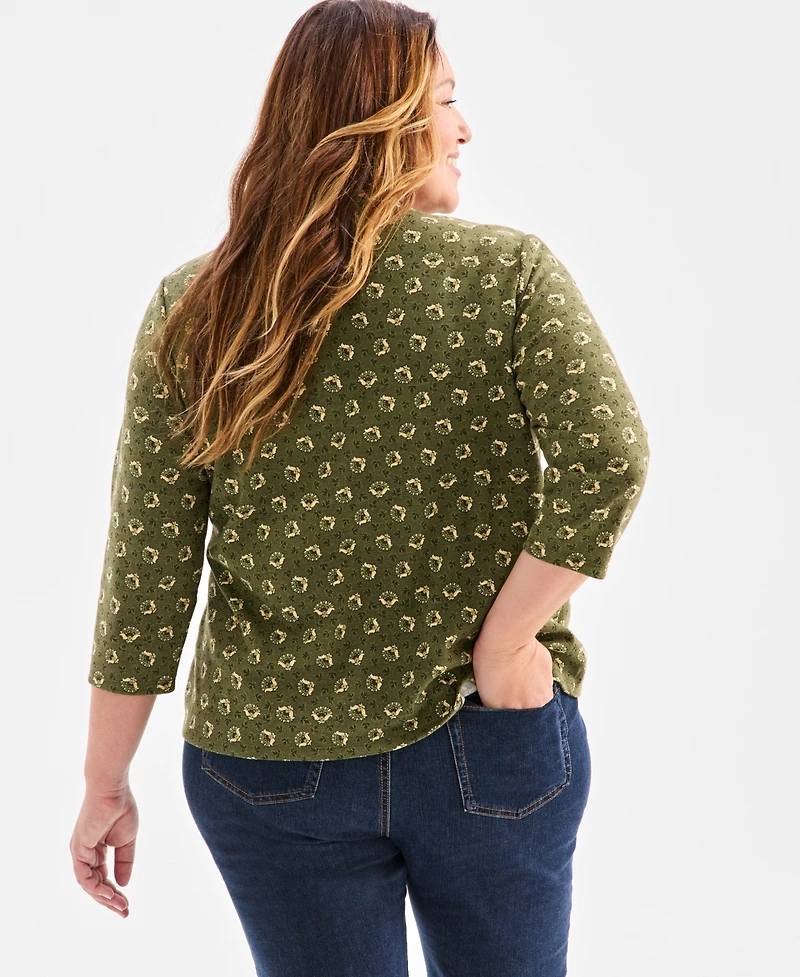 Style & Co Plus Size Printed 3/4-Sleeve Henley Top, Macy's Exclusive