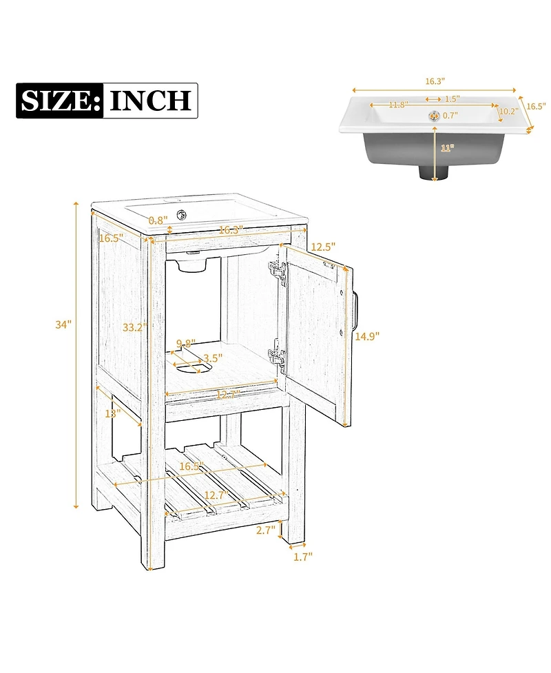 Casainc 16" Bathroom Vanity for Small Spaces, Ceramic Sink, 1 Door & Open Shelf