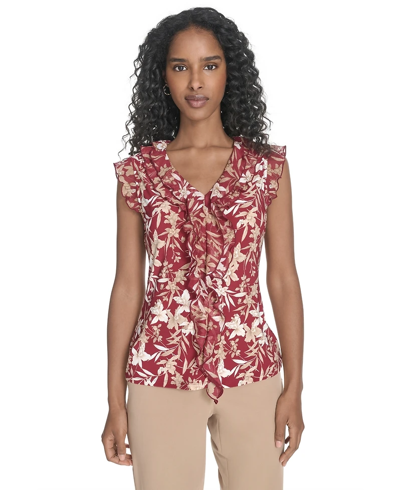 Tommy Hilfiger Women's Ruffled Floral Mixed-Media Top