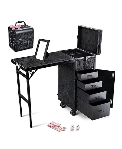 Byootique Rolling Nail Table & Makeup Case Kit Cosmetic Organizer Aluminum Black