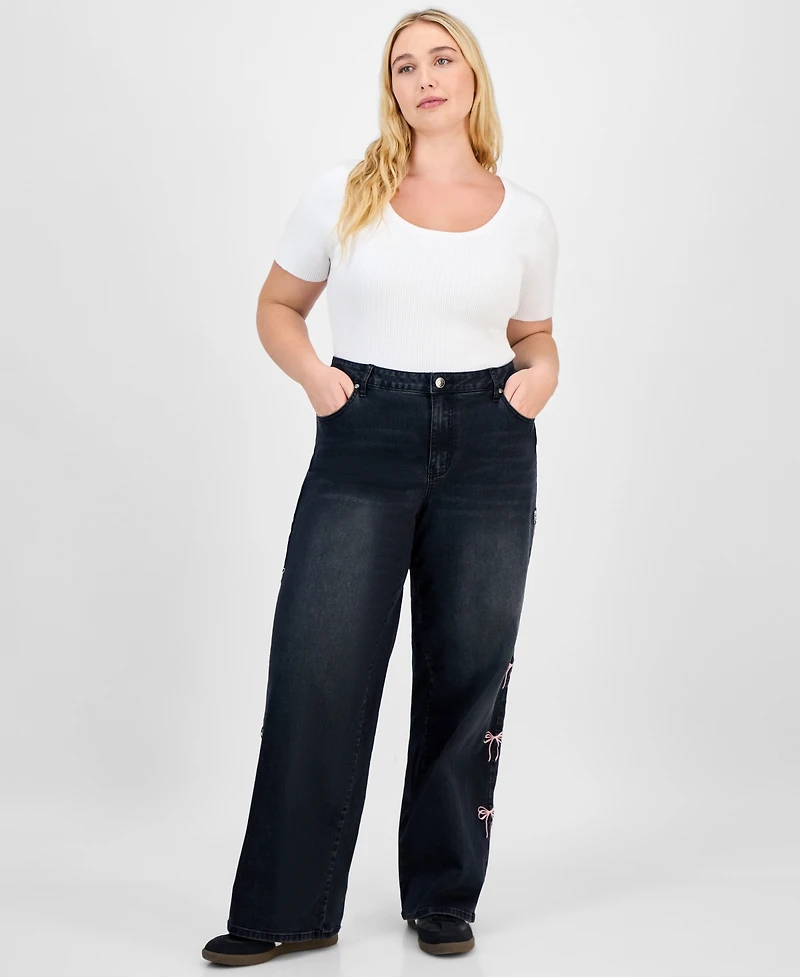 Madden Girl Trendy Plus Ultra 90's Bow-Detail Straight Jeans