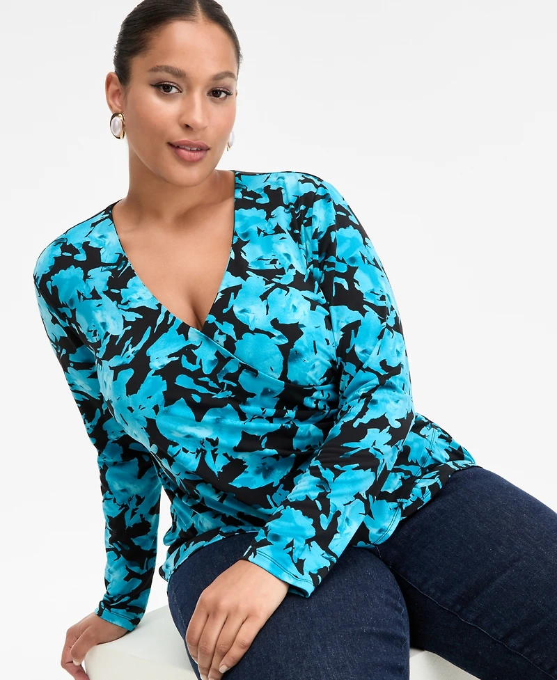 I.n.c. International Concepts Plus Printed Long-Sleeve Surplice-Neck Top, Macy's Exclusive