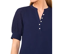 CeCe Women's Cotton Puffed-Sleeve Mixed-Media Top
