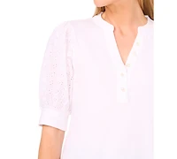 CeCe Women's Cotton Puffed-Sleeve Mixed-Media Top