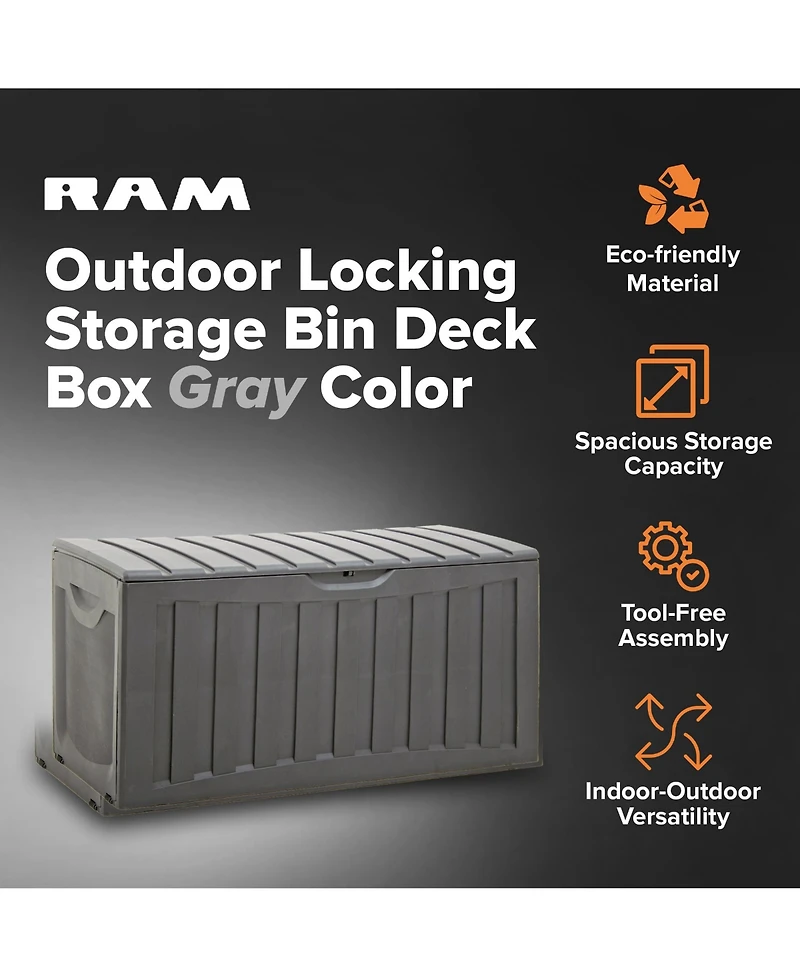 Ram Quality Products Plastic 90 Gal Outdoor Locking Storage Bin Deck Box, Gray