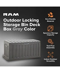Ram Quality Products Plastic 90 Gal Outdoor Locking Storage Bin Deck Box, Gray