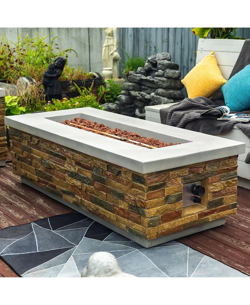 Flynama 60in Concrete Fire Pit Table with Stone Looks Propane Gas Fire Pit Table