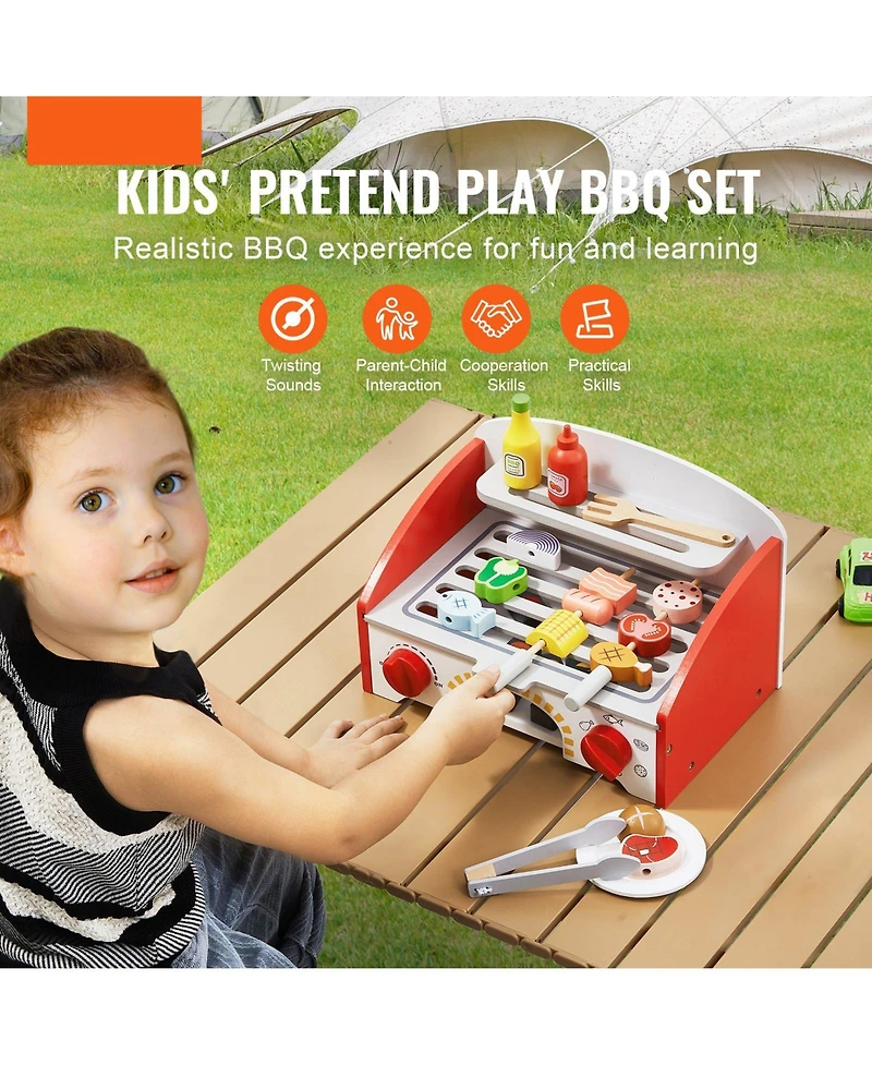 Slickblue 26 Piece Kids Bbq Grill Playset Wooden Pretend Cooking Toy Set with Sound Effects