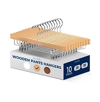 SereneLifen 10 Pcs. Premium Wooden Pants Hangers - Heavy Duty Hanger Set with Chrome 360° Swivel Hook (Natural