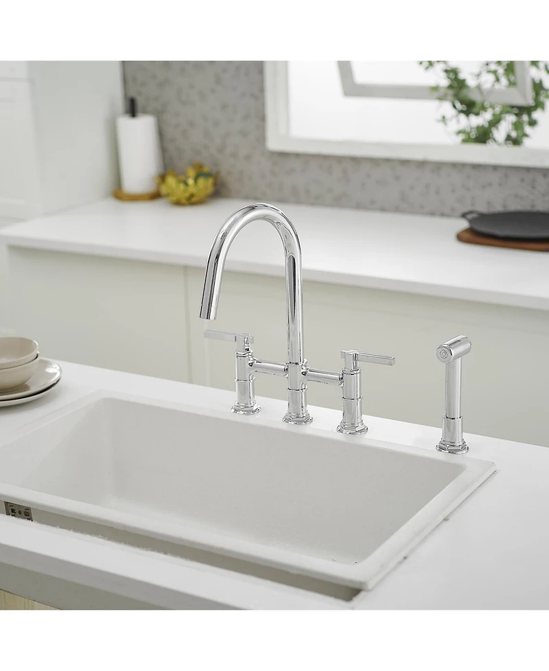 Greenspring Double Handle 4-Holes Deck Mount Bridge Kitchen Faucet with Side Sprayer Sink Faucet 360 Swivel Spout in Polished Chrome