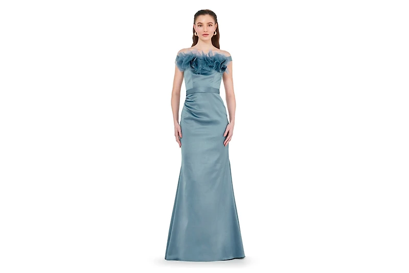Amri Women's Organza Floral Detail Pleated Satin Gown