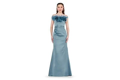 Amri Women's Organza Floral Detail Pleated Satin Gown