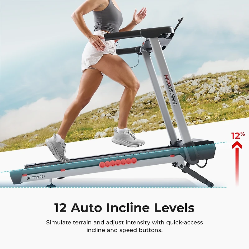 Sunny Health & Fitness Pace 500 Smart Wi-Fi Treadmill with 12-Level Auto Incline, Foldable Design