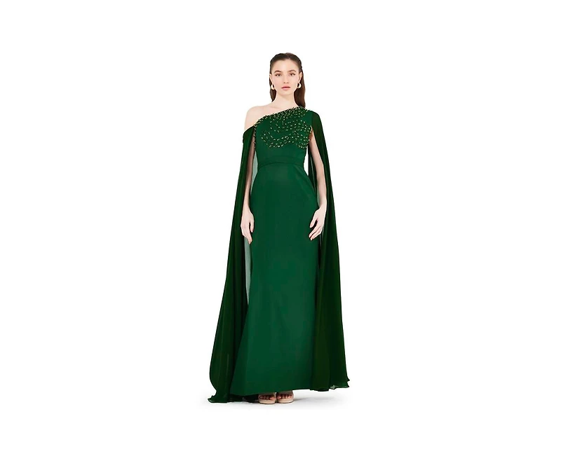 Amri Women's Asymmetric Hand Embellished Cape Sleeve Gown