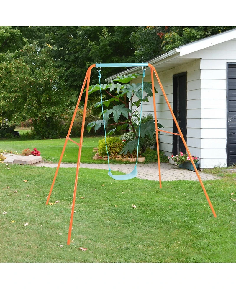 Gymax Outdoor Kids Swing Set Heavy Duty Metal A-Frame w/Ground Stakes