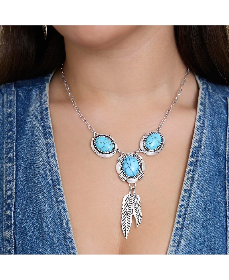 Jessica Simpson Turquoise & Feather Pendant Necklace in Antique Silver
