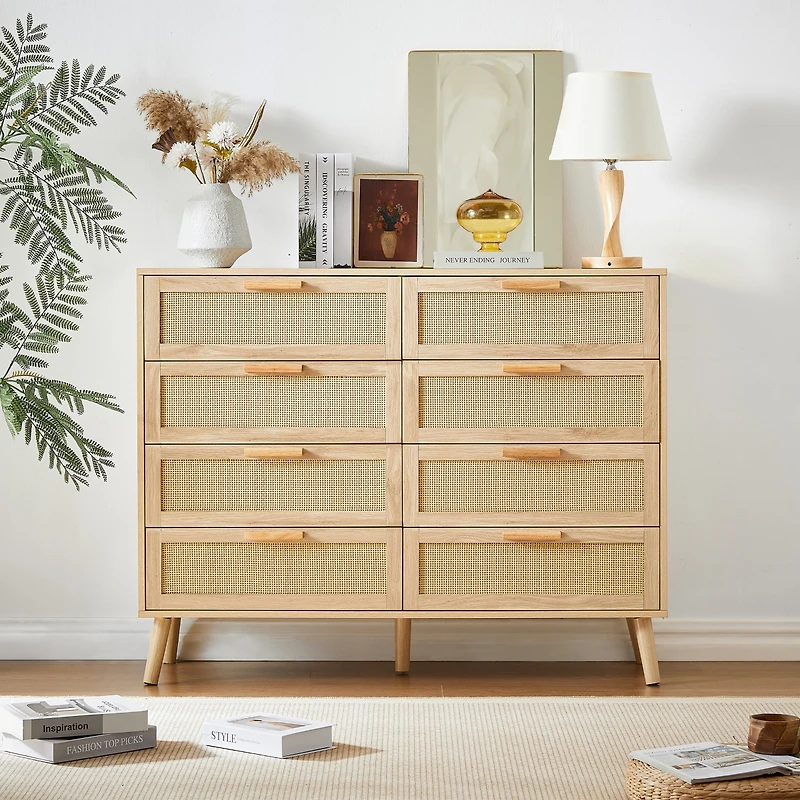 Casainc Wooden Storage Cabinet Double Dresser with rattan drawers
