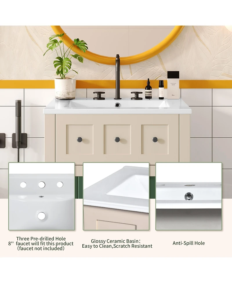 Casainc 24" Vanity with Ceramic Sink, Wooden Cabinet with 2 Drawers