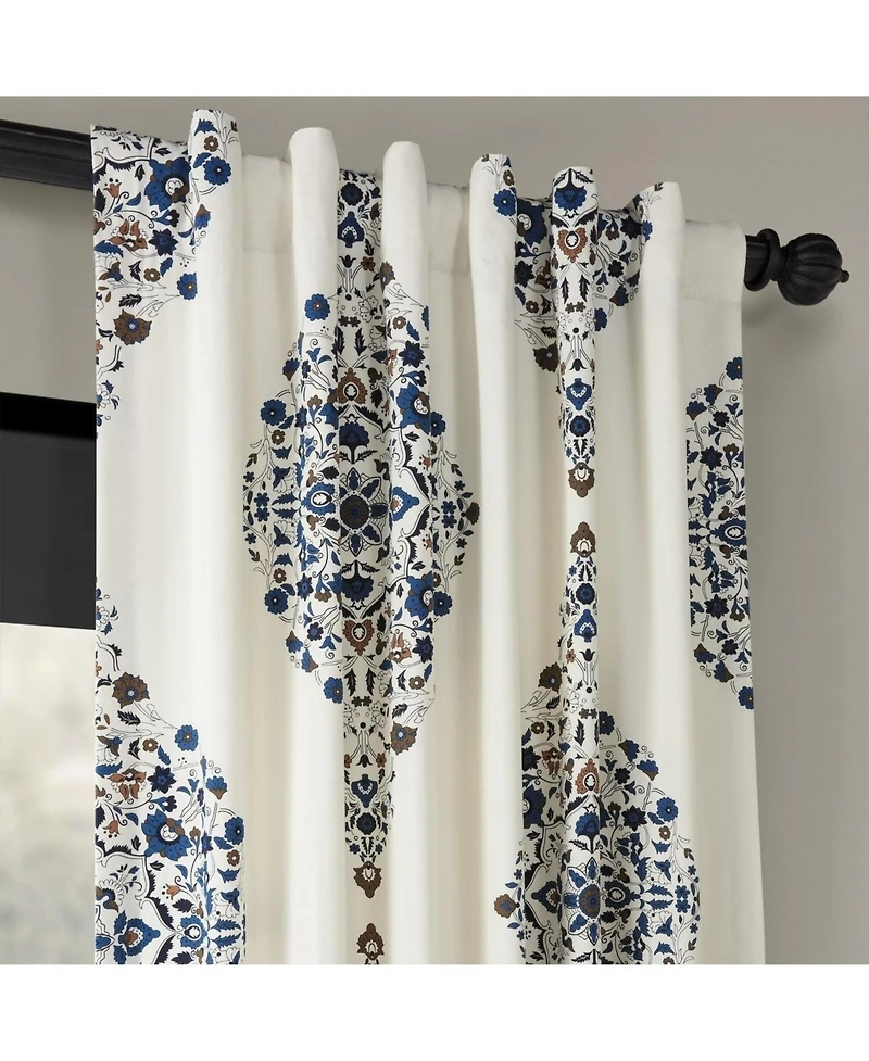 Half Price Drapes Kerala Blue Emblem Printed Cotton Room Darkening Curtain