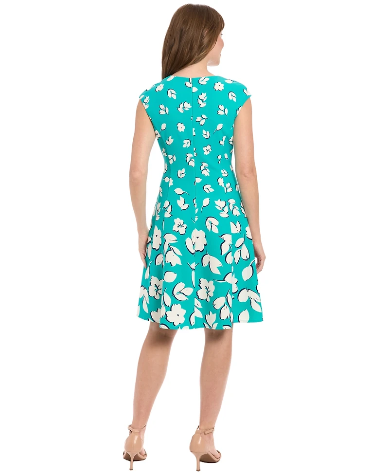 London Times Women's Printed Cap-Sleeve Fit & Flare Dress