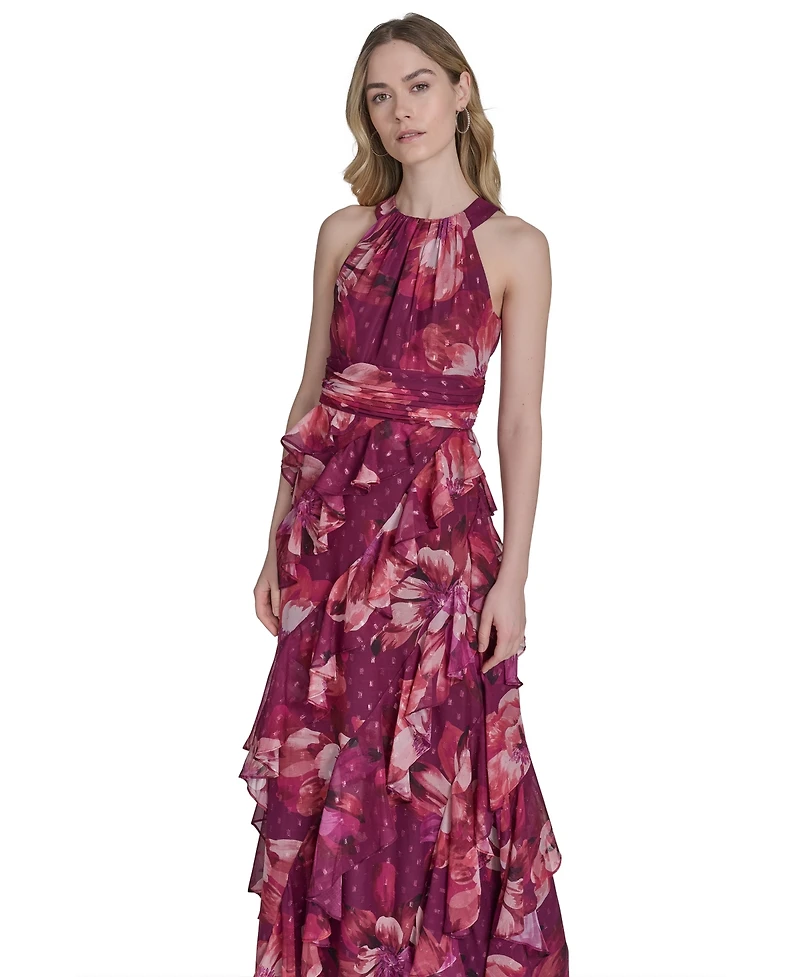 Eliza J Petite Printed Chiffon Ruffled-Skirt Halter Gown