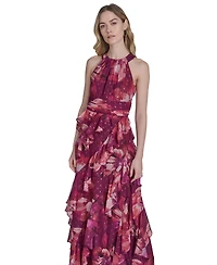 Eliza J Petite Printed Chiffon Ruffled-Skirt Halter Gown