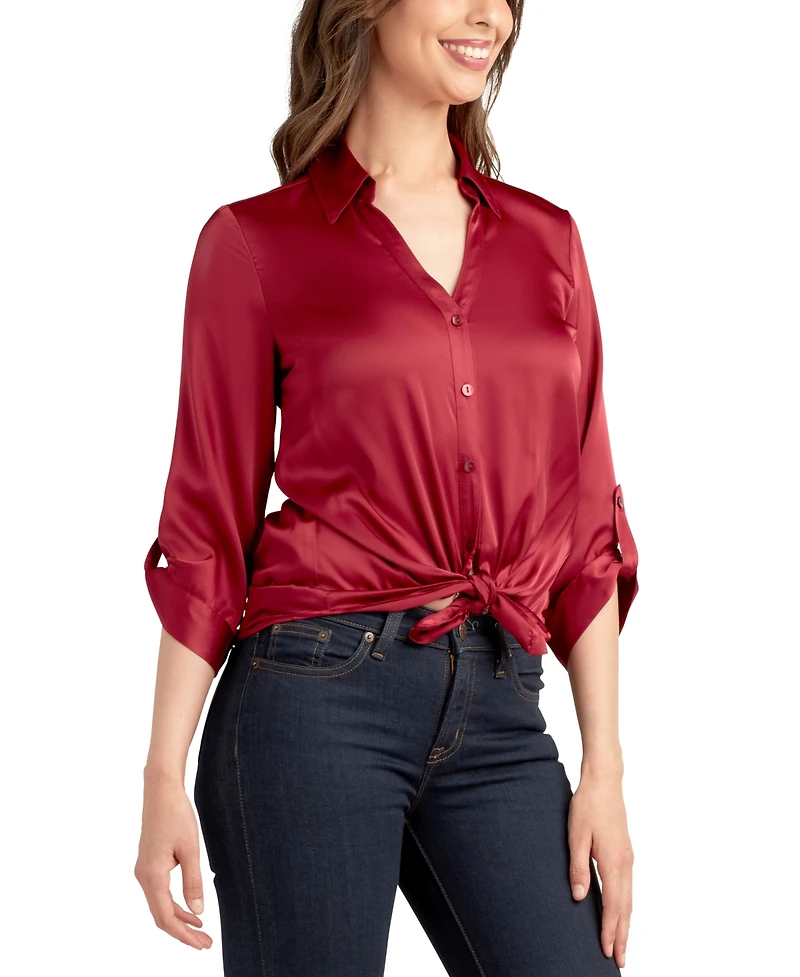 Bcx Juniors' 3/4-Sleeve Tie-Front Satin Top