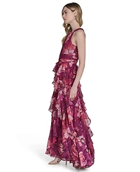 Eliza J Petite Printed Chiffon Ruffled-Skirt Halter Gown