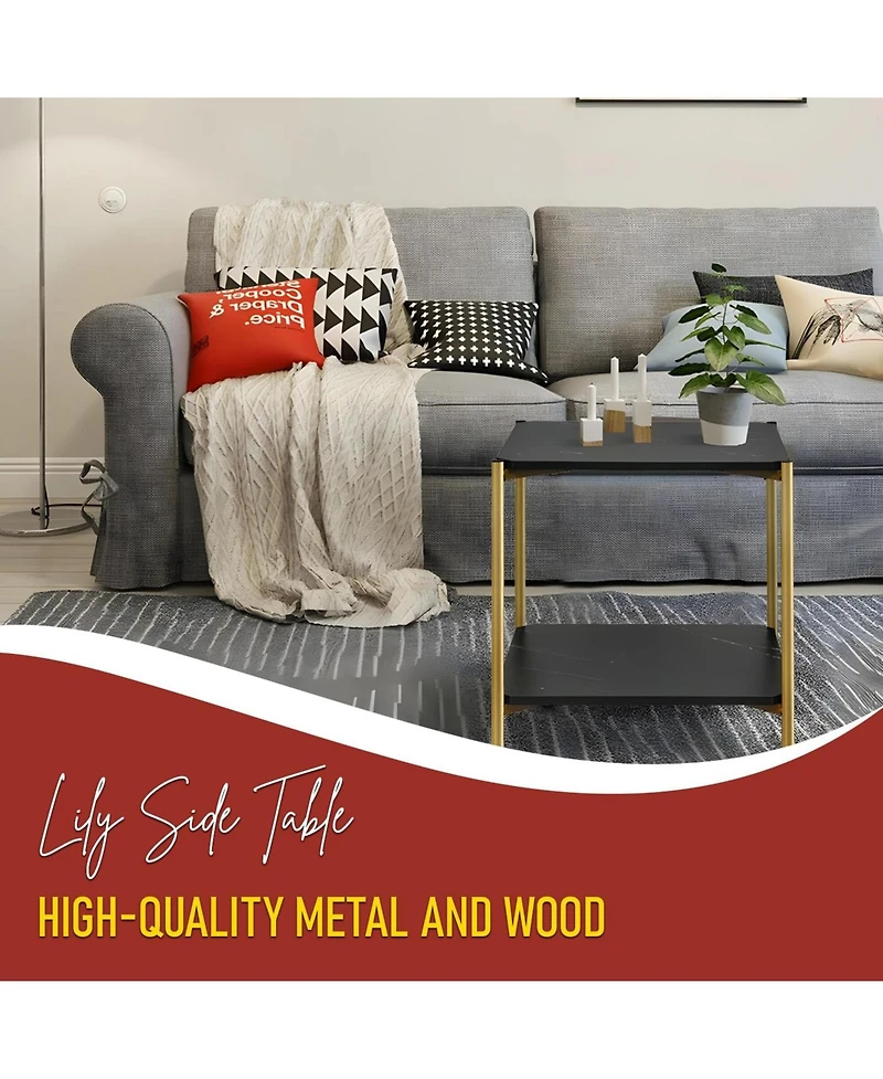 Kings Brand Furniture Side End Table with Faux Marble Storage Shelves & Gold Metal Frame, Nightstand for Bedroom, Living Room, or Modern Accent