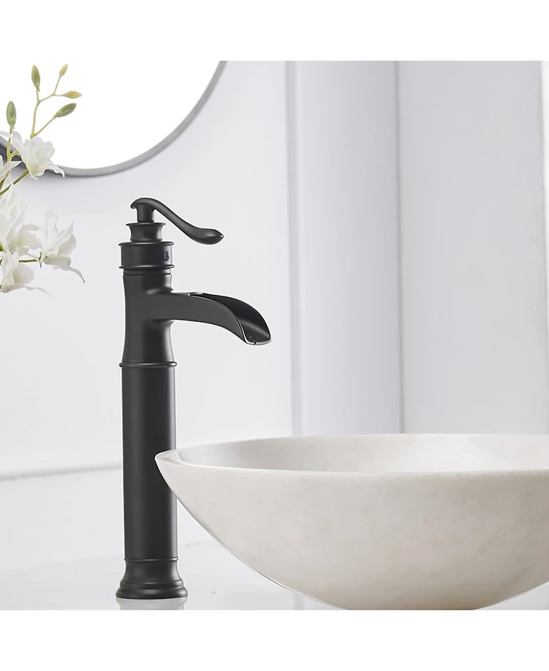 Waterfall Single Hole Single Handle Bathroom Vessel Sink Faucet With Pop Up Drain In Matte Black