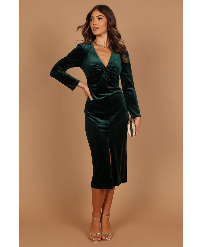 Womens Lisse Twist Front Long Sleeve Velvet Midi Dress - Emerald