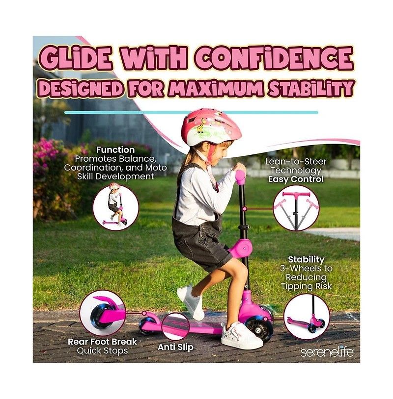 3-Wheel Foldable Kids Scooter - Child Toy Scooter with Built-in Led Wheel Lights, Foldable Seat (Pink)
