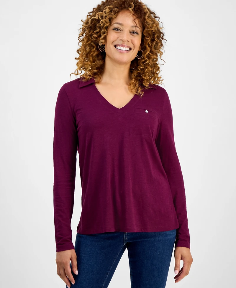 Style & Co Women's Collared V-Neck Long-Sleeve Knit Top, Exclusively at Macy's