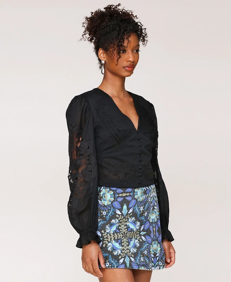 Avec Les Filles Women's Cotton Pintuck Lace-Trim Button-Front Blouse