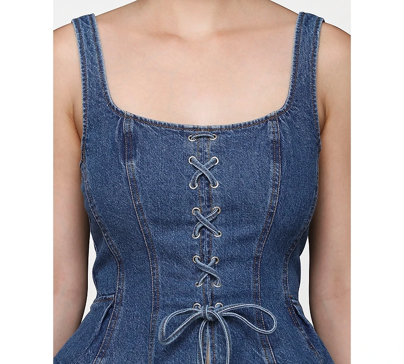 Avec Les Filles Women's Denim Lace-Up Peplum Top