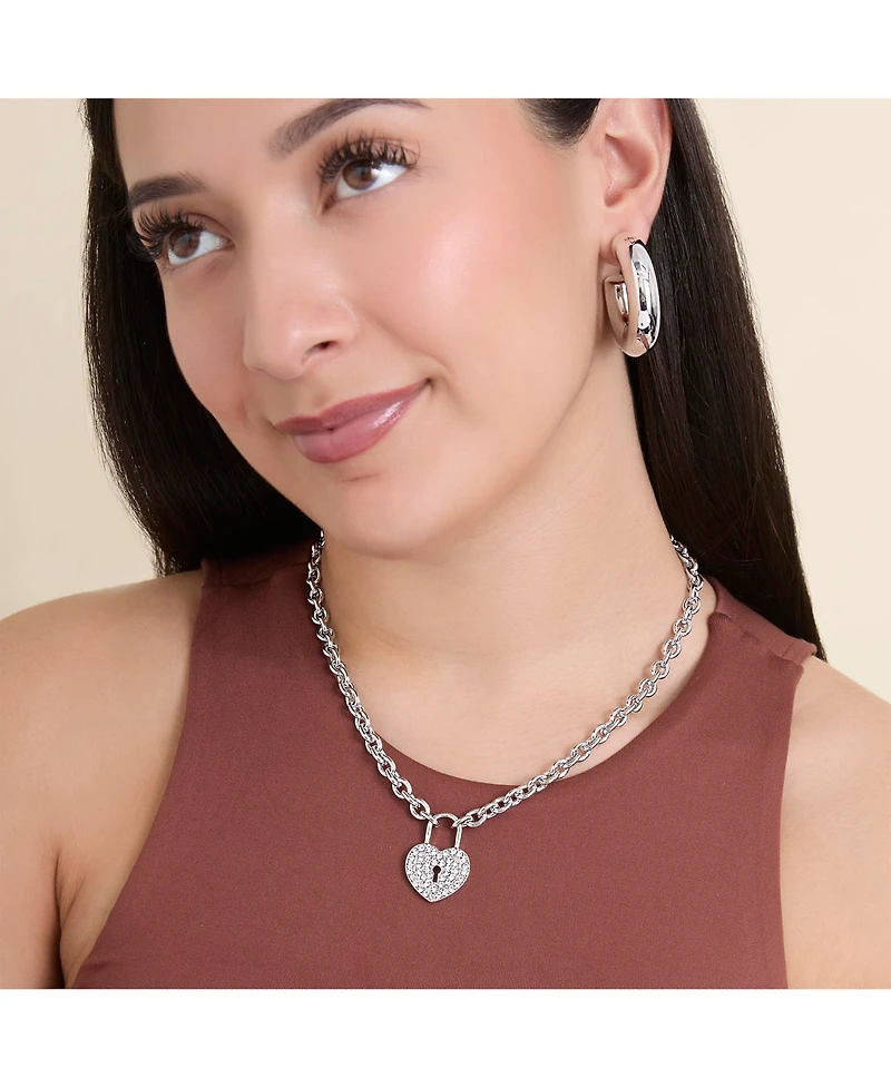 Jessica Simpson Silver-Tone Pave Crystal Heart Lock Necklace