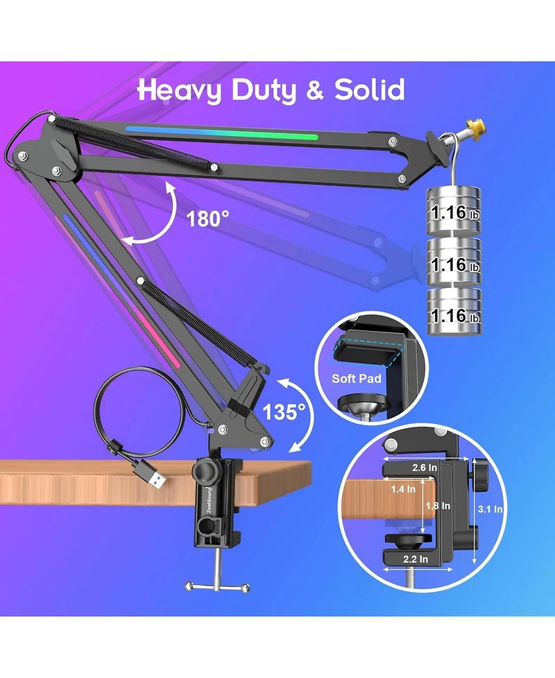 ZealSound Rgb Microphone Arm Stand,Mic Arm with Rgb Light for QuadCast/Blue Yeti/Snowball/Shure SM7B/Rode NT1/Elgato,Rotatable Suspension Boom Scissor