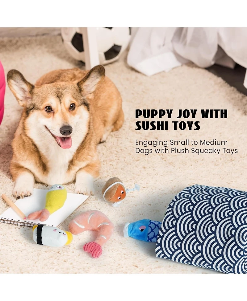 Nocciola 10 Pcs Sushi Toys with Takeout Bag,Plush Squeaky Dog Toy Set,Cute Stuffed Pet Toys,Puppy Chew Toys,For Small to Medium Dog,Foodie Series toy