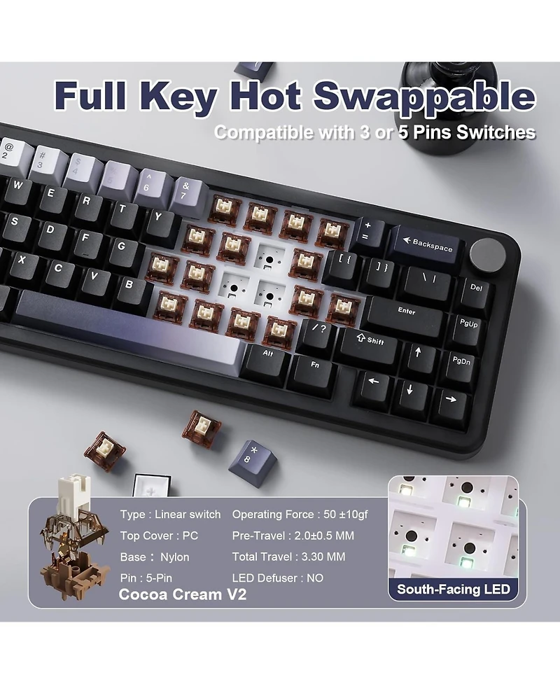 Yunzii B68 Wireless Mechanical Keyboard,Tri-Mode BT5.0/2.4GHz/Usb-c,Cute Pbt Keycaps,Hot Swappable Creamy Typing Gasket (Cocoa Cream V2 Switch)