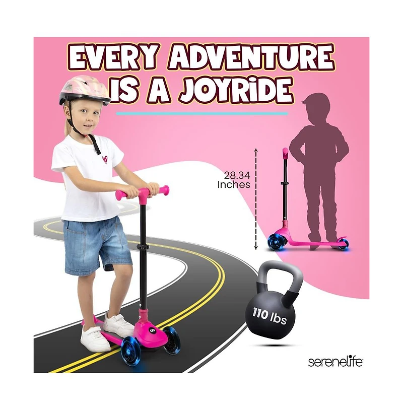 3-Wheel Foldable Kids Scooter - Child Toy Scooter with Built-in Led Wheel Lights, and Easy Maneuvering Lean-to-Steer Technology (Pink)