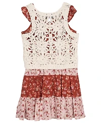 Rare Editions Big Girls 2-Piece Mixed Floral With Crochet Vest and Dress Set