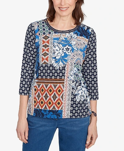 Alfred Dunner Women's Batik Patchwork Drawstring Crew Neck Top