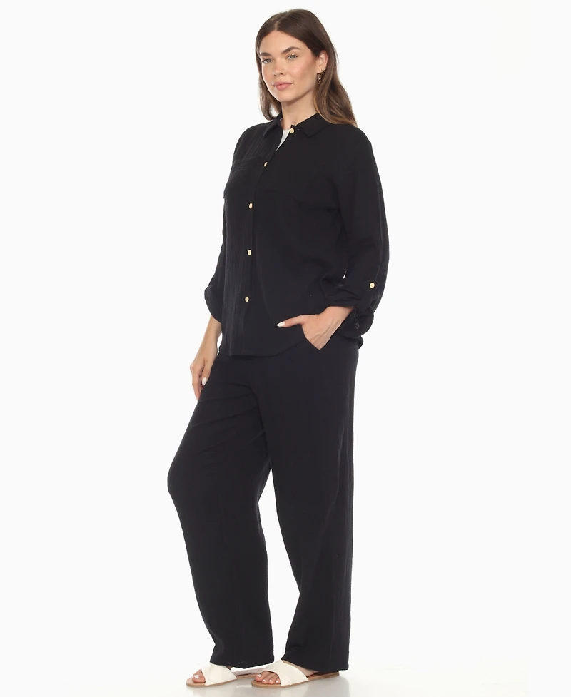 White Mark Women's Long Sleeve Button Down Cotton Gauze Set